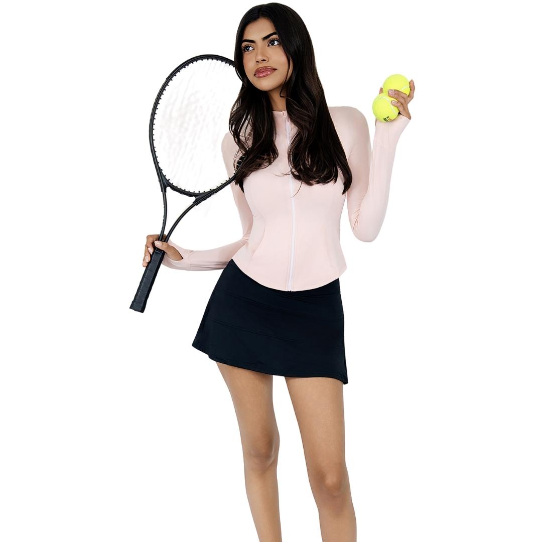 Model wearing the VLIZ Full-Zip Slim Fit Long Sleeve Top in Peach Pink, made of ice-touch fabric with a mock neck, thumbhole cuffs, and a sleek fit—ideal for tennis, hiking, outdoor workouts, and active layering.