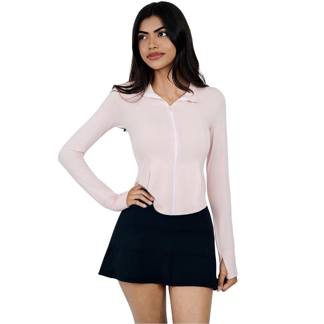 Model wearing the VLIZ Full-Zip Slim Fit Long Sleeve Top in Peach Pink, made of ice-touch fabric with a mock neck, thumbhole cuffs, and a sleek fit—ideal for tennis, hiking, outdoor workouts, and active layering.