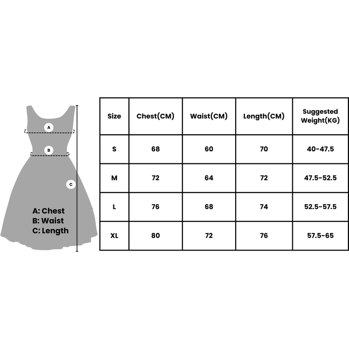 Size chart for VLIZ FlowFit Tennis Dress showing chest, waist, length, and suggested weight for sizes S to XL, alongside a dress illustration with labeled measurement points.