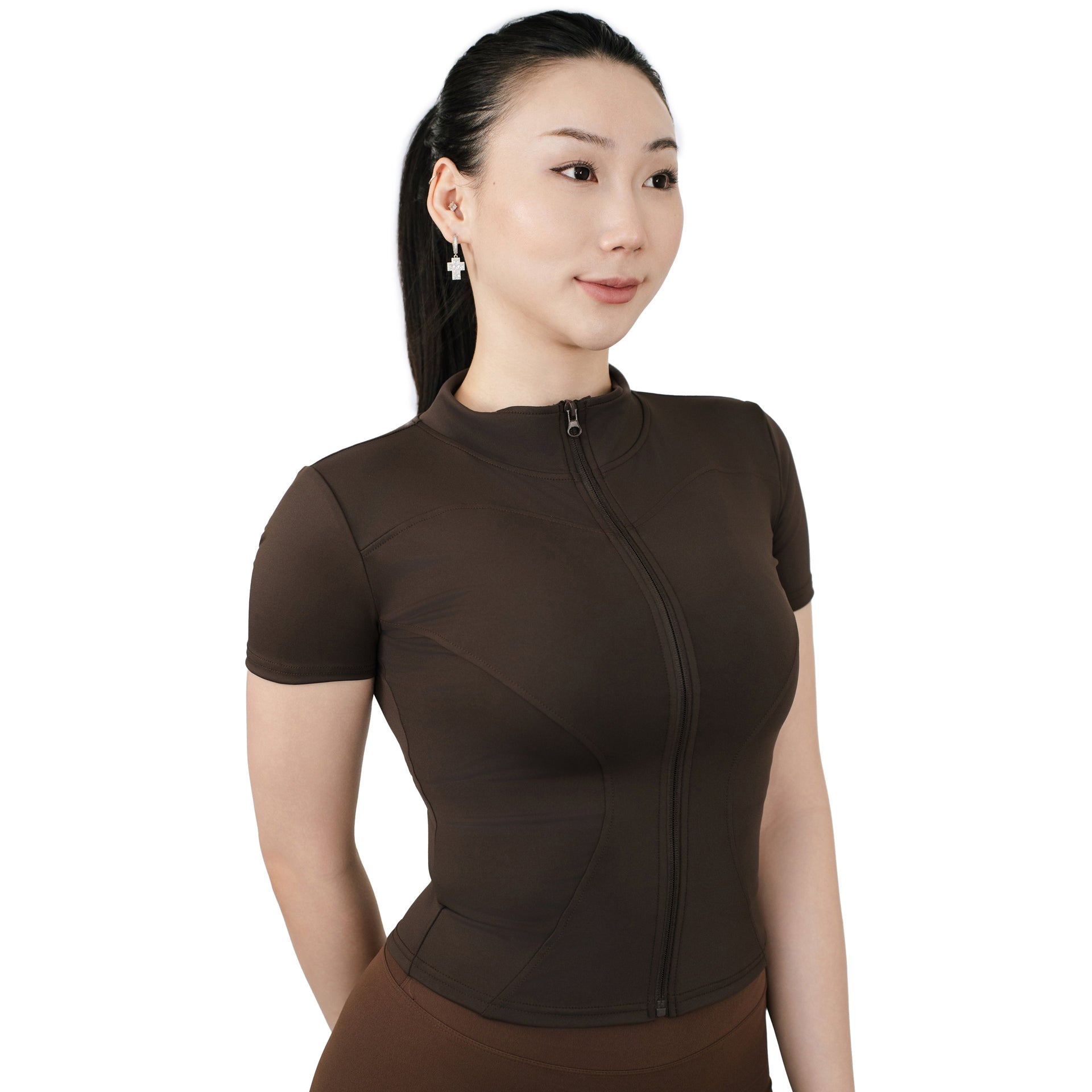 Front view of VLIZ Full-Zip SculptFit Short Sleeve Top in Espresso with stand collar and 3D shaping for yoga and gym training. 