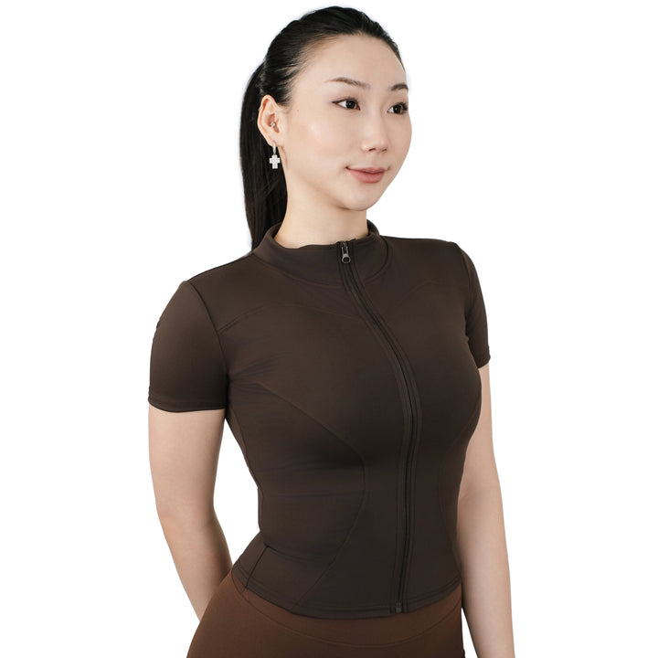 Front view of VLIZ Full-Zip SculptFit Short Sleeve Top in Espresso with stand collar and 3D shaping for yoga and gym training. 