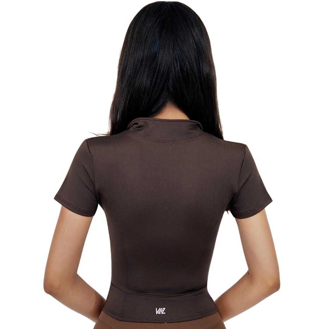 VLIZ Full-Zip SculptFit Short Sleeve Top in Espresso / dark brown, featuring a stand collar, 3D sculpting fit, and breathable stretch fabric for yoga, gym, and active training.