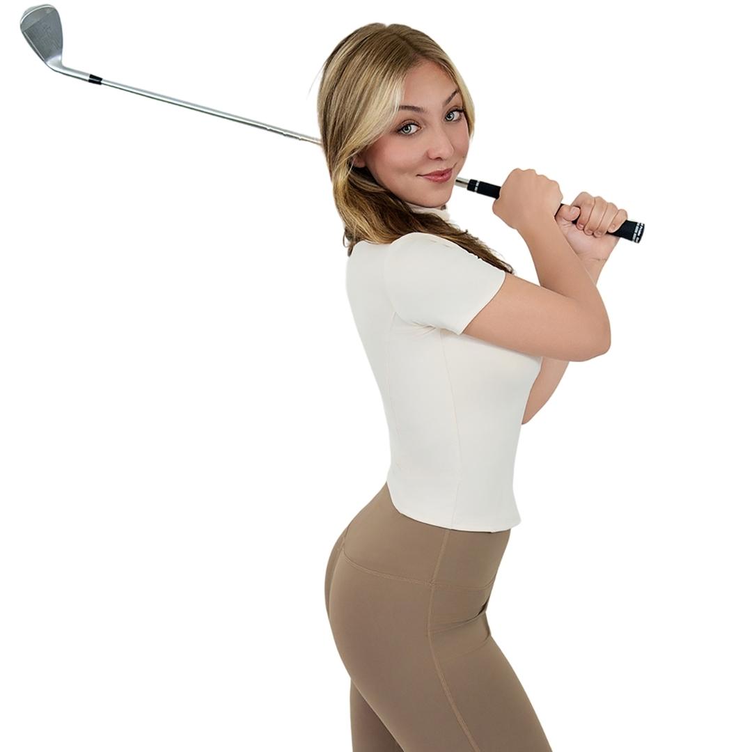 VLIZ Full-Zip SculptFit Short Sleeve Top in white / beige, featuring a stand collar, 3D sculpting fit, and breathable stretch fabric for yoga, gym, and active training.