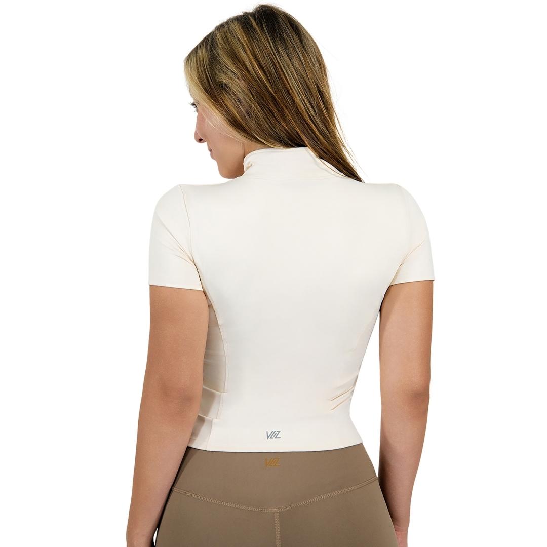 VLIZ Full-Zip SculptFit Short Sleeve Top in white / beige, featuring a stand collar, 3D sculpting fit, and breathable stretch fabric for yoga, gym, and active training.