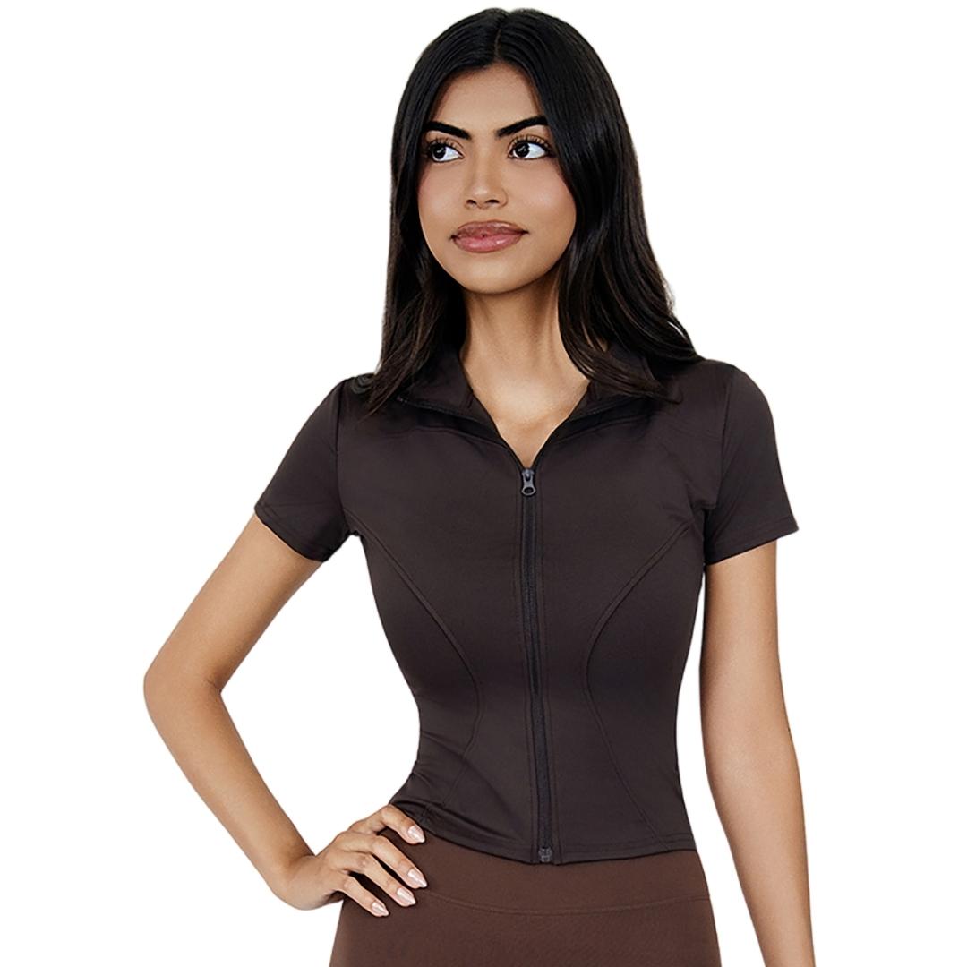 VLIZ Full-Zip SculptFit Short Sleeve Top in Espresso / dark brown, featuring a stand collar, 3D sculpting fit, and breathable stretch fabric for yoga, gym, and active training.