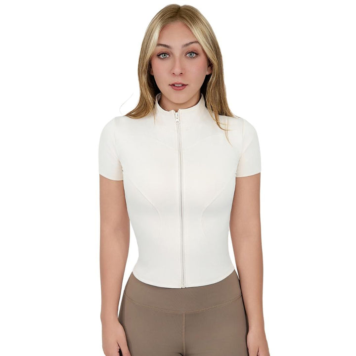 VLIZ Full-Zip SculptFit Short Sleeve Top in white / beige, featuring a stand collar, 3D sculpting fit, and breathable stretch fabric for yoga, gym, and active training.
