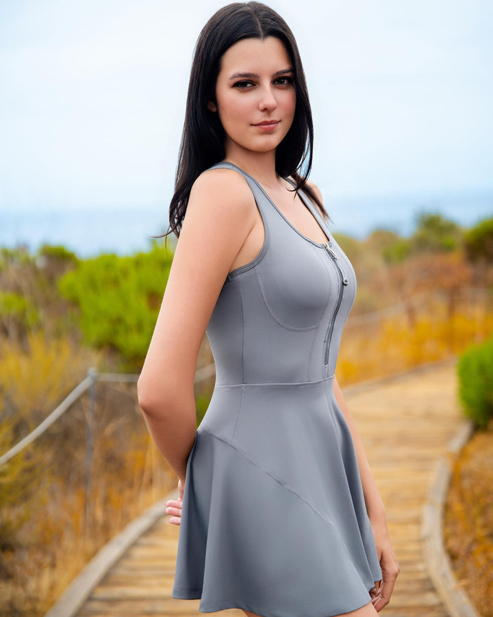 VLIZ Half-Zip Tennis Skort – Gray; half-zip front; contoured seams; designed for active performance; suitable for tennis, Pilates, and outdoor workouts.