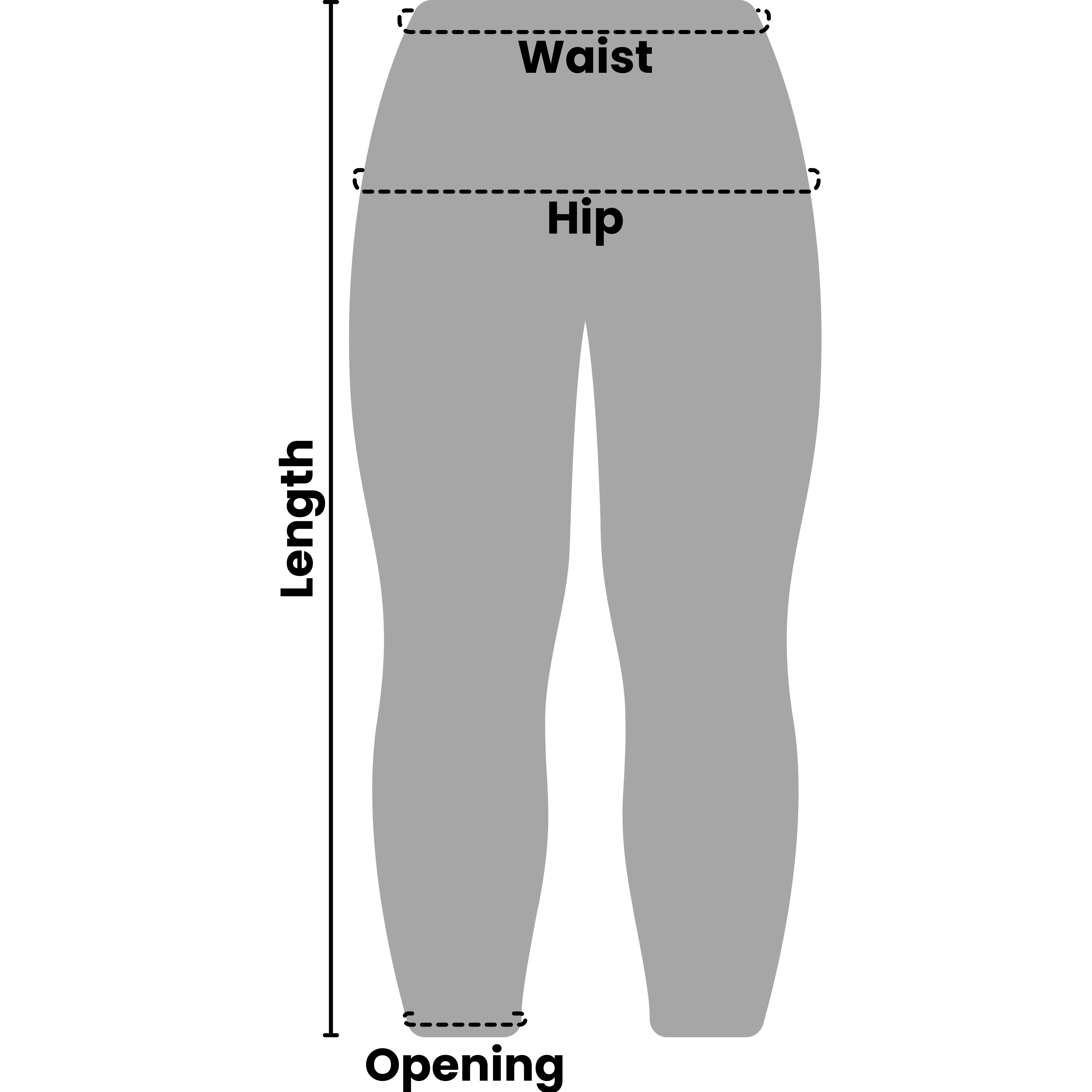 Illustration showing how to measure waist, hip, and length for leggings fit.