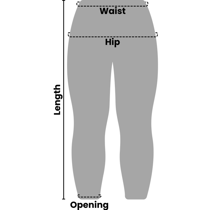 Illustration showing how to measure waist, hip, and length for leggings fit.