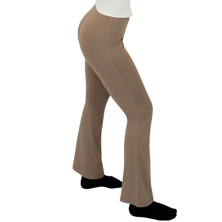 VLIZ High-Rise Sculpting Flare Leggings in Light Brown, front angle showcasing the high-waisted fit and subtle flare leg design, ideal for yoga, Pilates, cardio, and daily wear.