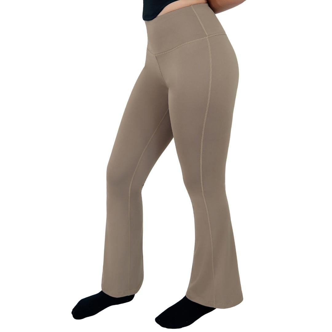 VLIZ High-Rise Sculpting Flare Leggings in Light Brown, featuring a high-waisted sculpting fit and subtle flare leg design, ideal for yoga, Pilates, cardio, and everyday wear.