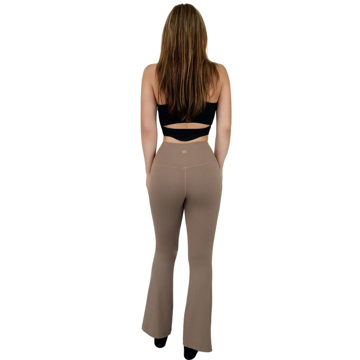 VLIZ High-Rise Sculpting Flare Leggings in Light Brown, featuring a high-waisted sculpting fit and subtle flare leg design, ideal for yoga, Pilates, cardio, and everyday wear.