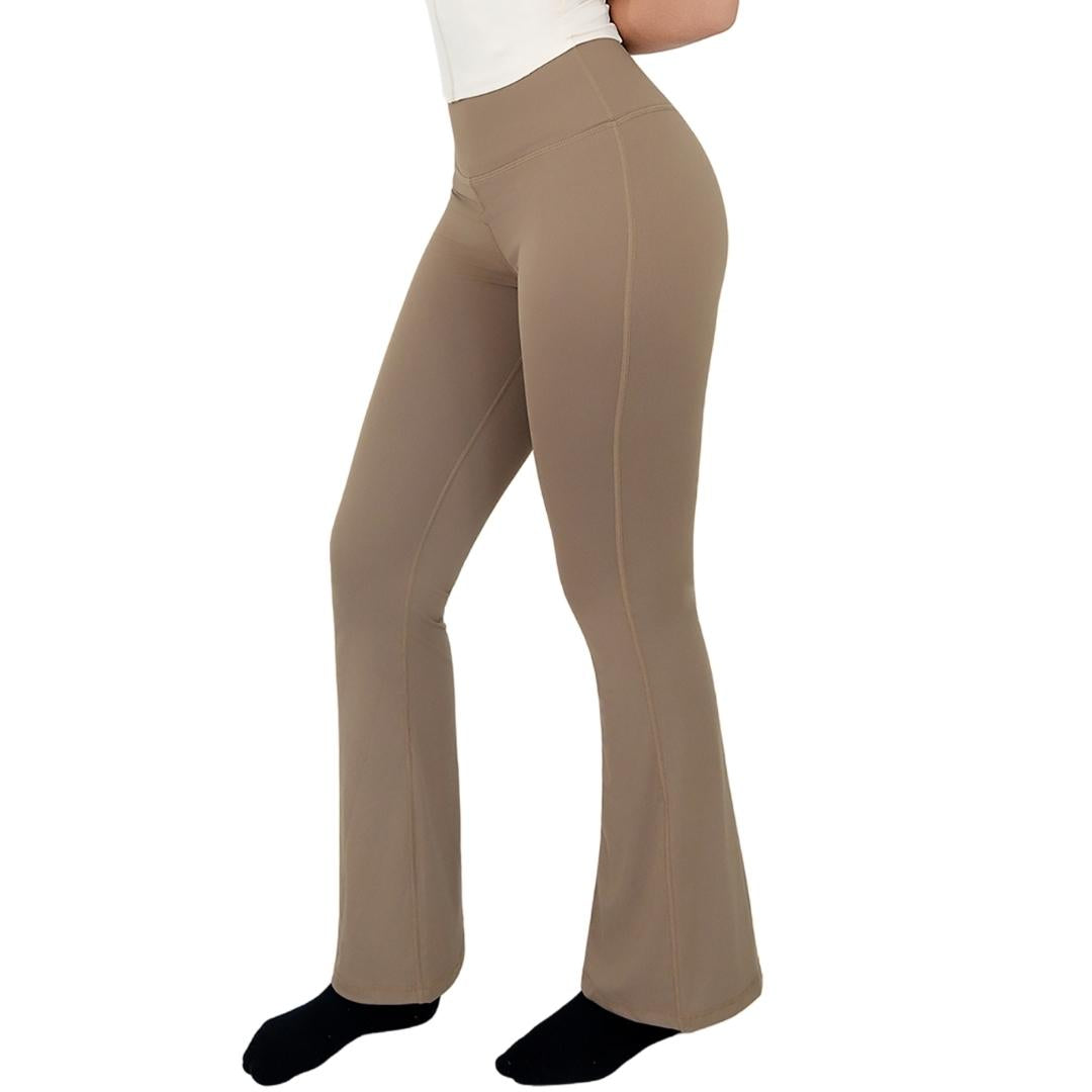 VLIZ High-Rise Sculpting Flare Leggings in Light Brown, front angle showcasing the high-waisted fit and subtle flare leg design, ideal for yoga, Pilates, cardio, and daily wear.
