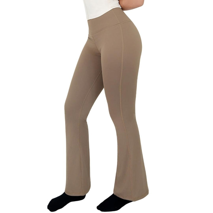 VLIZ High-Rise Sculpting Flare Leggings in Light Brown, front angle showcasing the high-waisted fit and subtle flare leg design, ideal for yoga, Pilates, cardio, and daily wear.
