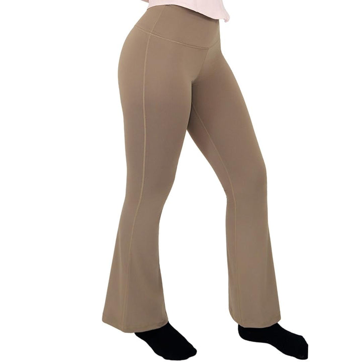 VLIZ High-Rise Sculpting Flare Leggings in Light Brown, featuring a high-waisted sculpting fit and subtle flare leg design, ideal for yoga, Pilates, cardio, and everyday wear.