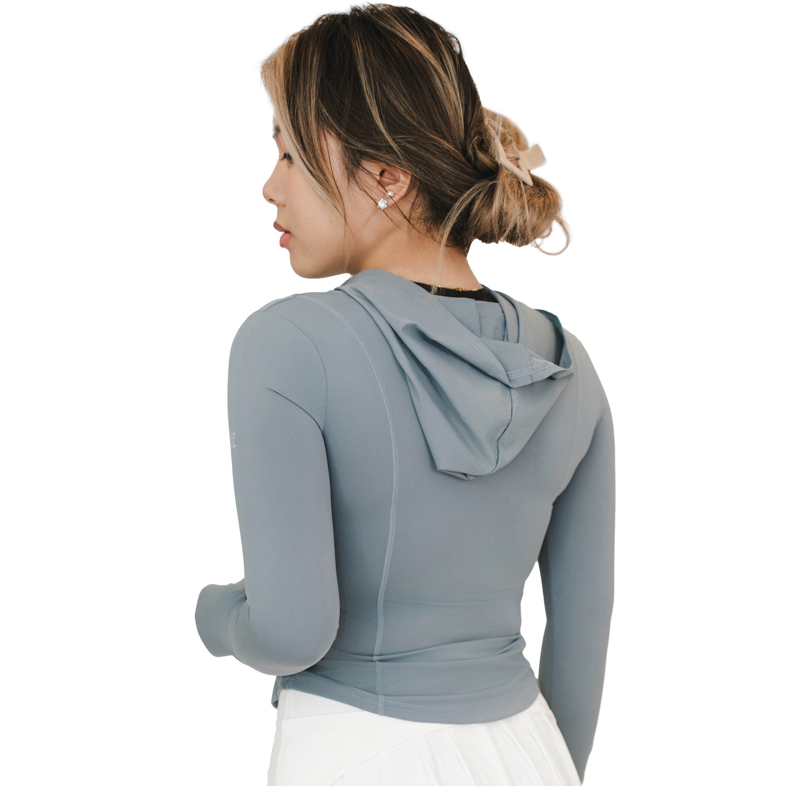 Rear angled view of the VLIZ Rapid UV Full Zip SlimFit Hooded Top in Ash Gray, highlighting the hood and back contour fit.