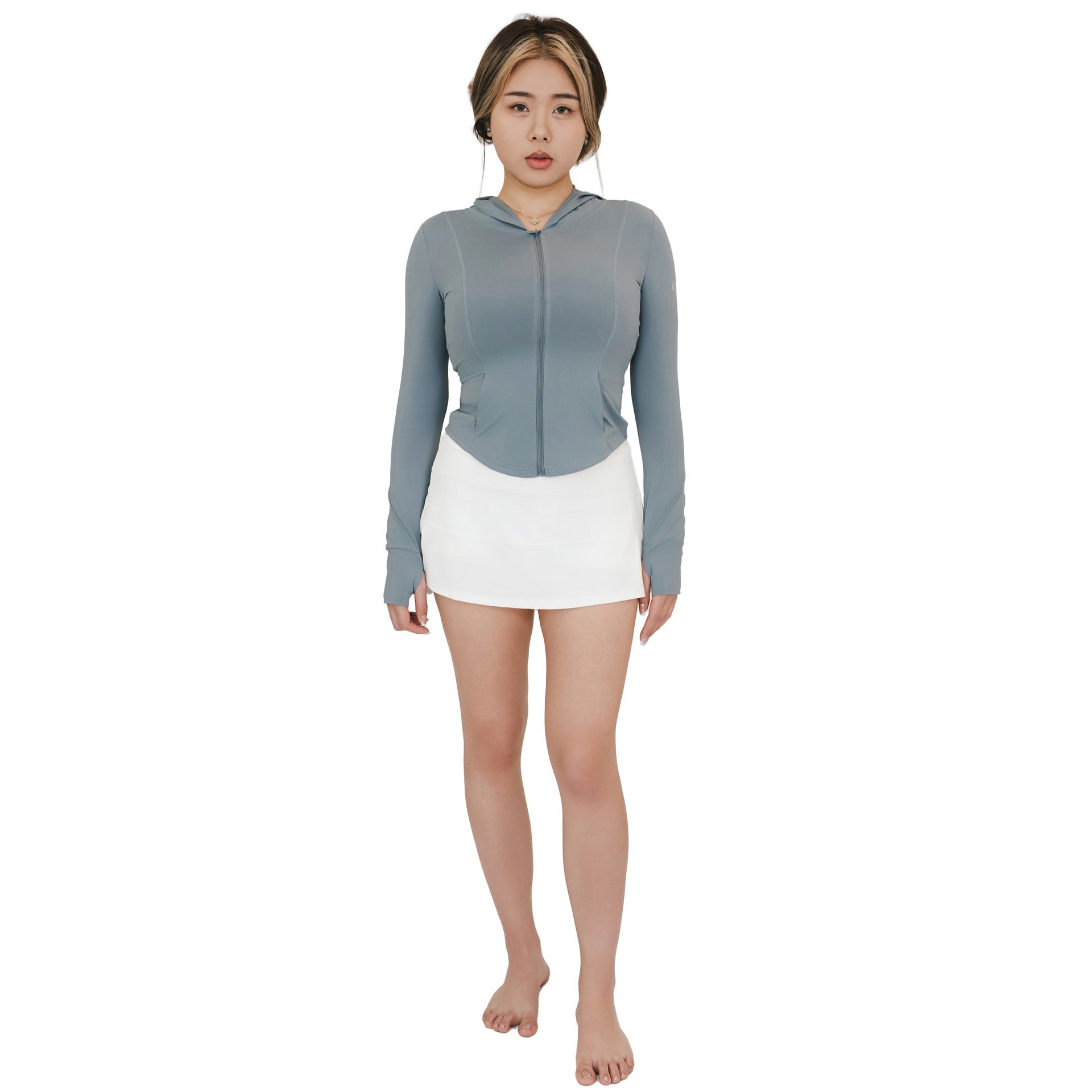 Model wearing VLIZ Rapid UV Full Zip SlimFit Hooded Top in Ash Gray, front view with hood down and hands relaxed at sides.
