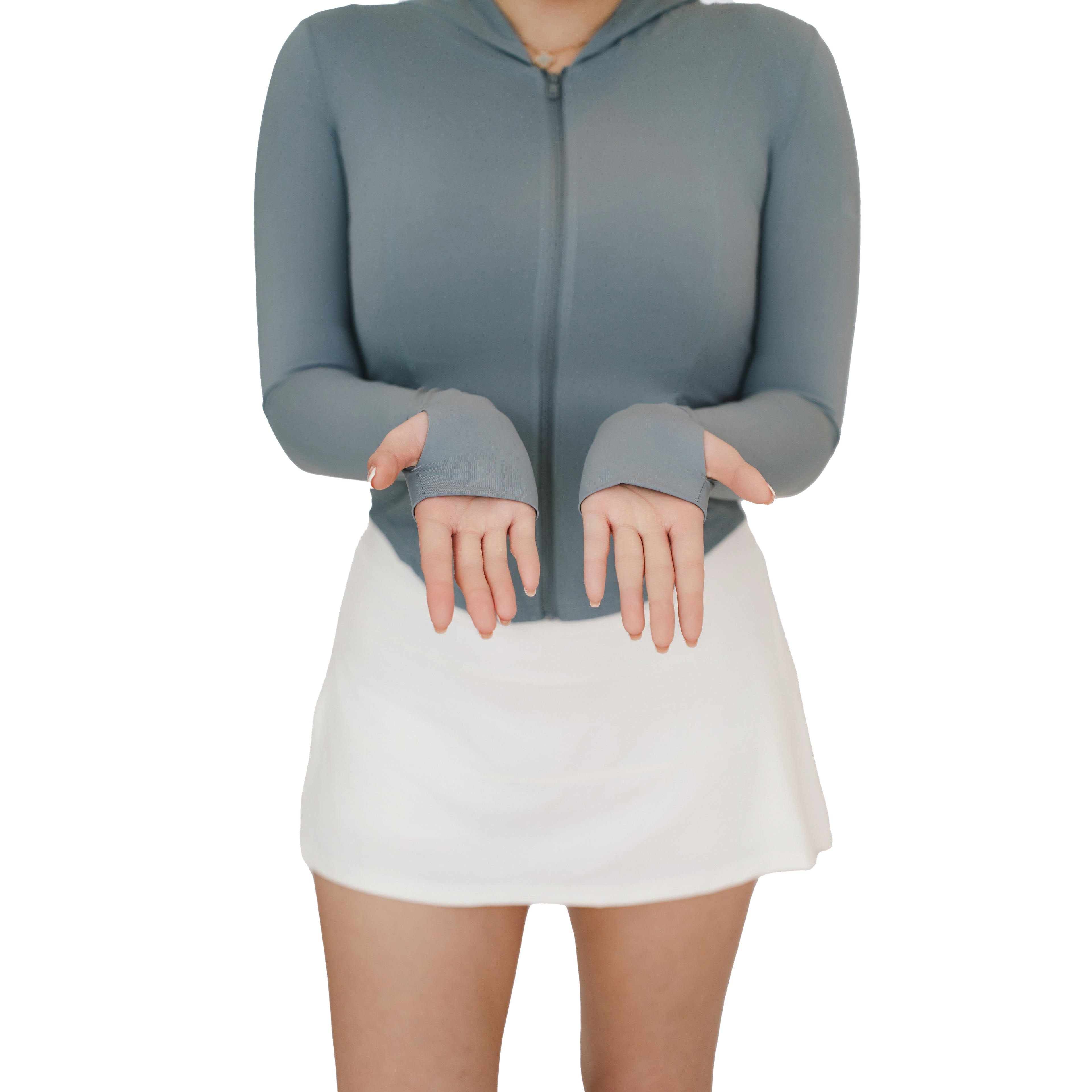 Front view of the VLIZ Rapid UV Full Zip SlimFit Hooded Top in Ash Gray, showcasing thumbhole cuffs with hands forward.