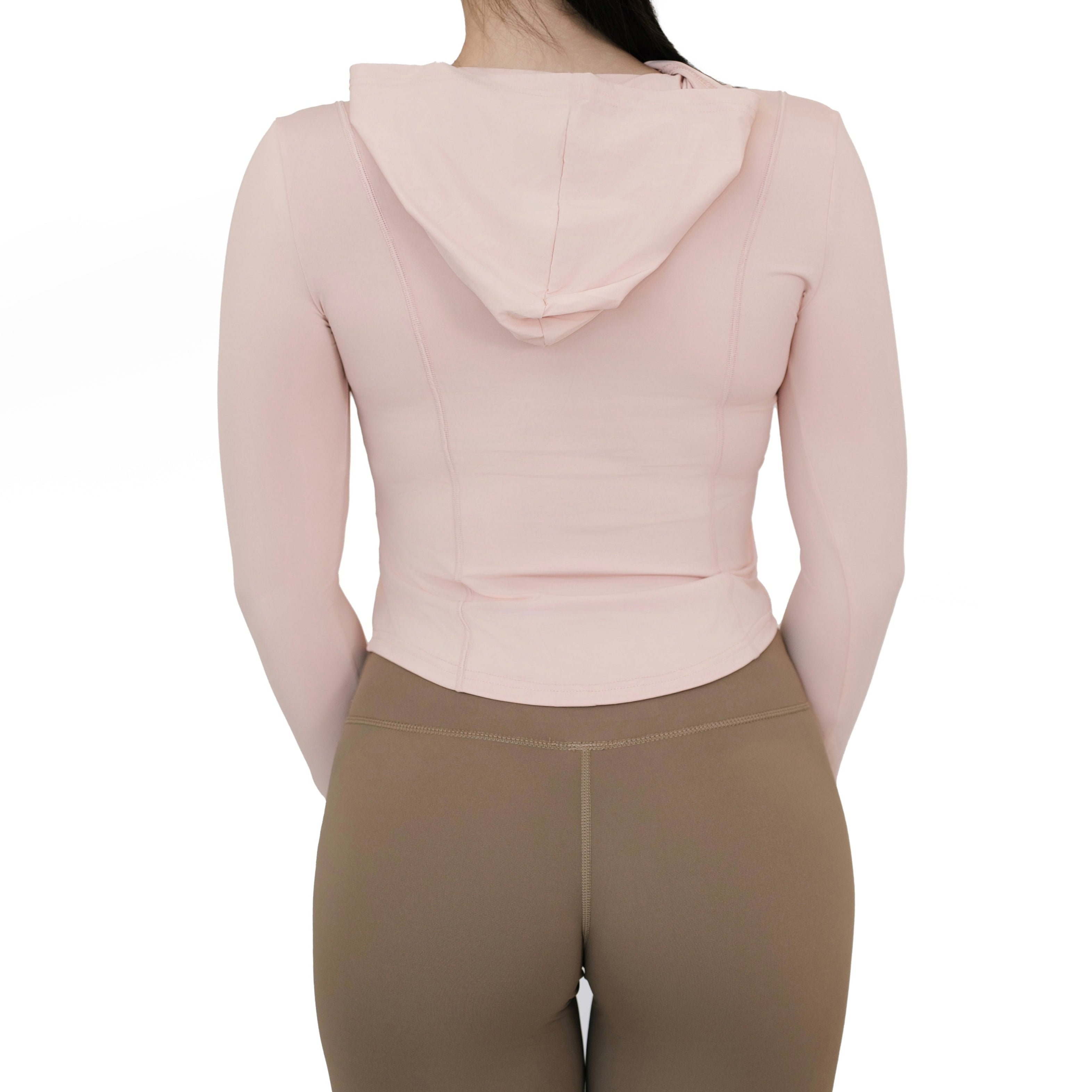 Back view of the VLIZ Rapid UV Full Zip SlimFit Hooded Top in Peach Pink, showcasing the fitted silhouette and lightweight hood design.