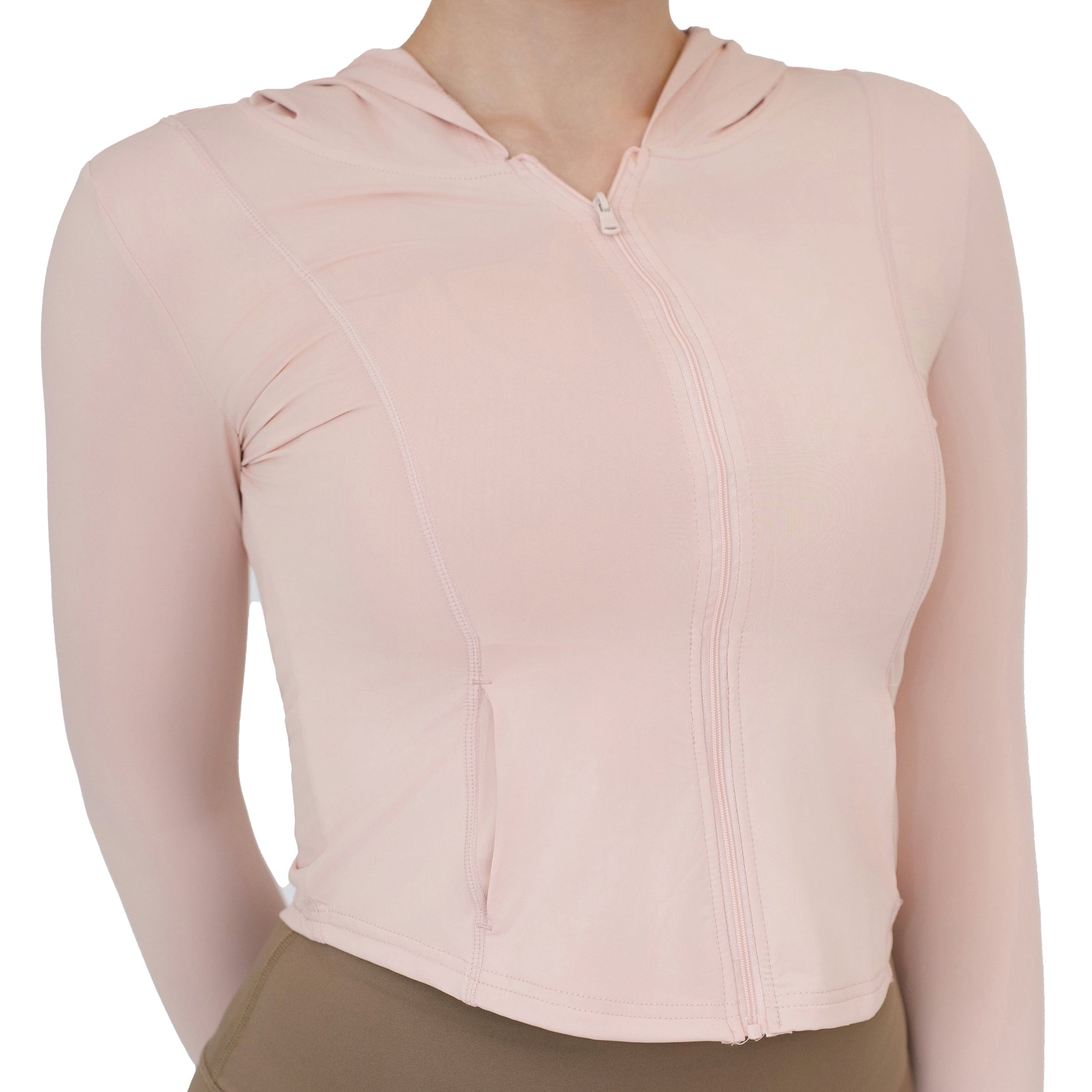  Close-up of the VLIZ Rapid UV Full Zip SlimFit Hooded Top in Peach Pink, showing the zip closure, hood neckline, and fitted chest seam design.