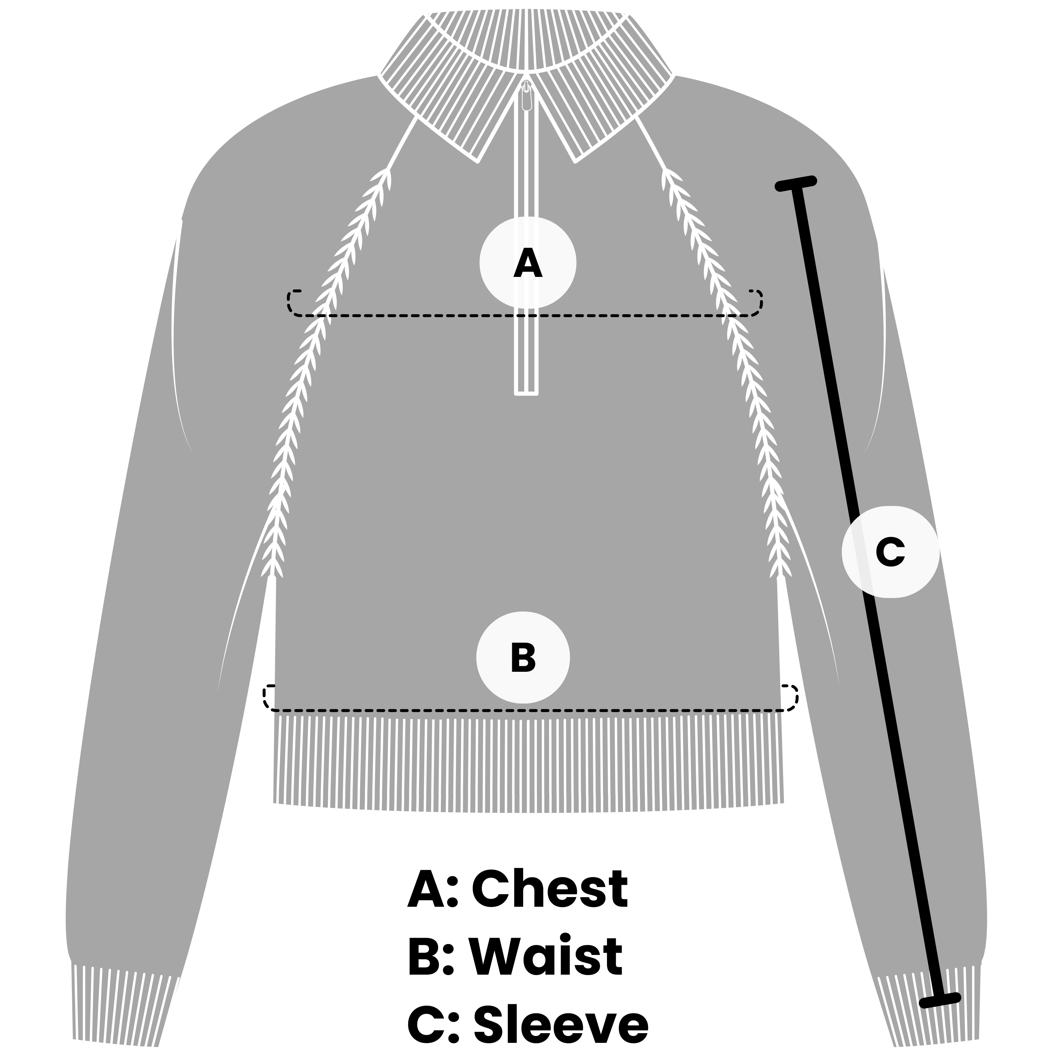 This picture states the measure of VLIZ Rapid UV Full Zip SlimFit Hooded Top, where A is chest, b is waist, and c is sleeves.