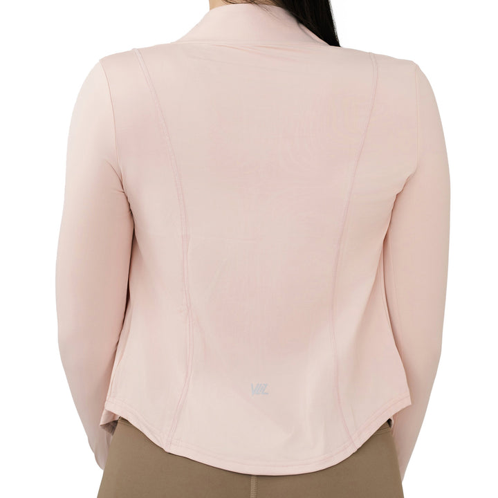 VLIZ peach pink full zip top, back view showing fitted mock neck, panel seams, and curved hem design.
