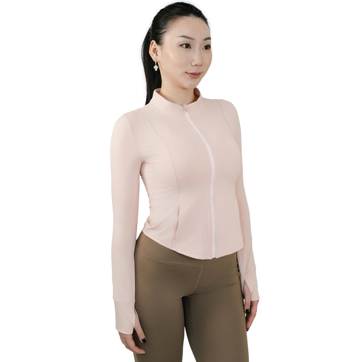 VLIZ Peach Pink SlimFit long sleeve top shown from a side angle, featuring curved seams and full zip design.