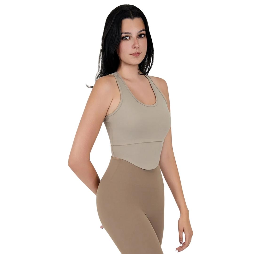 VLIZ SculptFit Racerback Sports Bra in Light Brown, featuring a sculpting compression fit, high support, and sweat-wicking fabric—ideal for gym workouts, yoga, Pilates, golf, tennis, and active training.