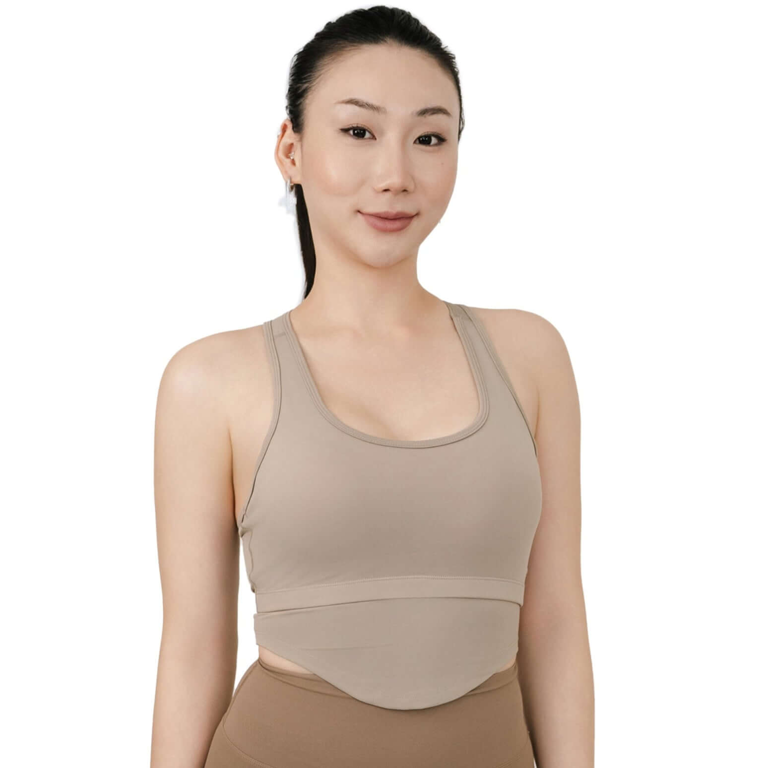 Front view of VLIZ SculptFit khaki racerback sports bra, featuring a sculpting compression fit, high support, and sweat-wicking fabric for perfect for gym or yoga.