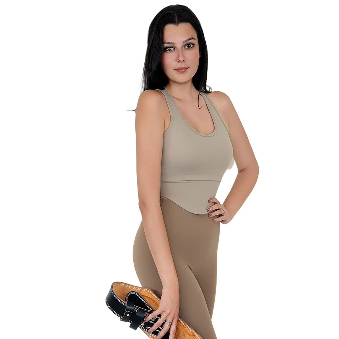VLIZ SculptFit khaki/light brown racerback sports bra, featuring a sculpting compression fit, high support, and sweat-wicking fabric for perfect for gym or yoga.