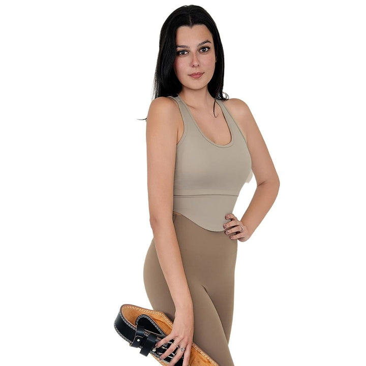 VLIZ SculptFit khaki/light brown racerback sports bra, featuring a sculpting compression fit, high support, and sweat-wicking fabric for perfect for gym or yoga.