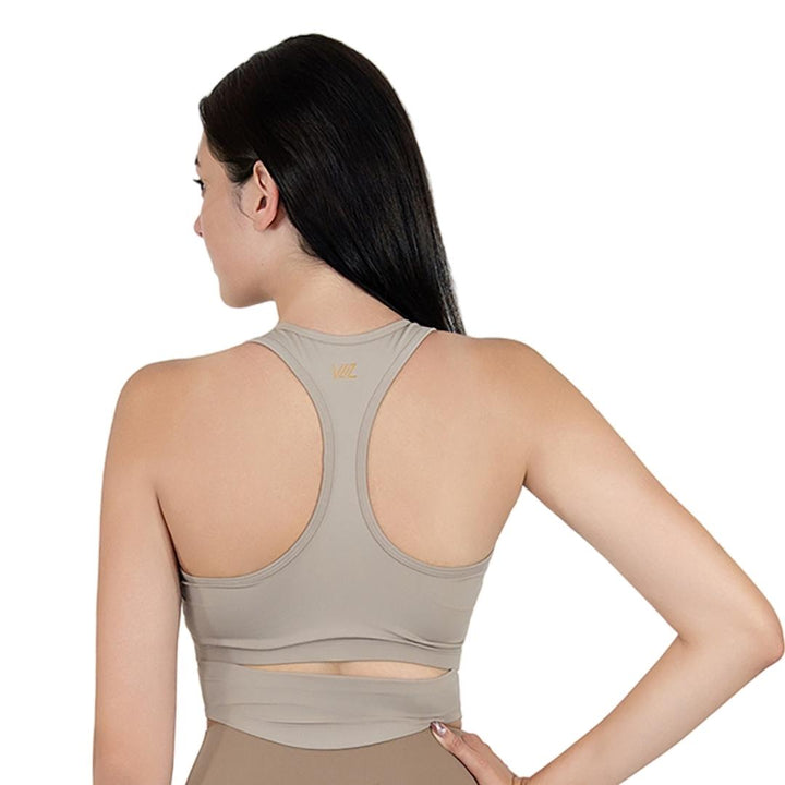 VLIZ SculptFit khaki/light brown racerback sports bra, featuring a sculpting compression fit, high support, and sweat-wicking fabric for perfect for gym or yoga.