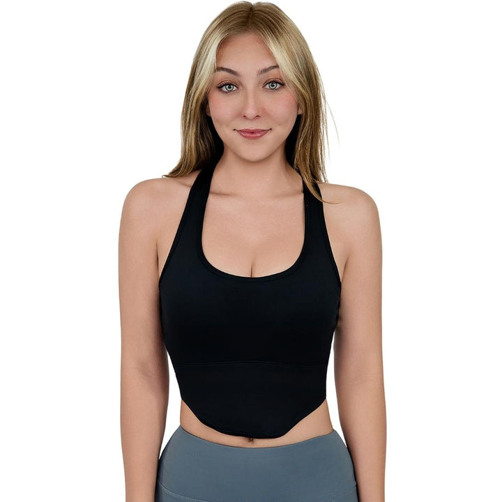 VLIZ SculptFit Racerback Sports Bra in Black, featuring a sculpting compression fit, high support, and sweat-wicking fabric—ideal for gym workouts, yoga, Pilates, golf, tennis, and active training.