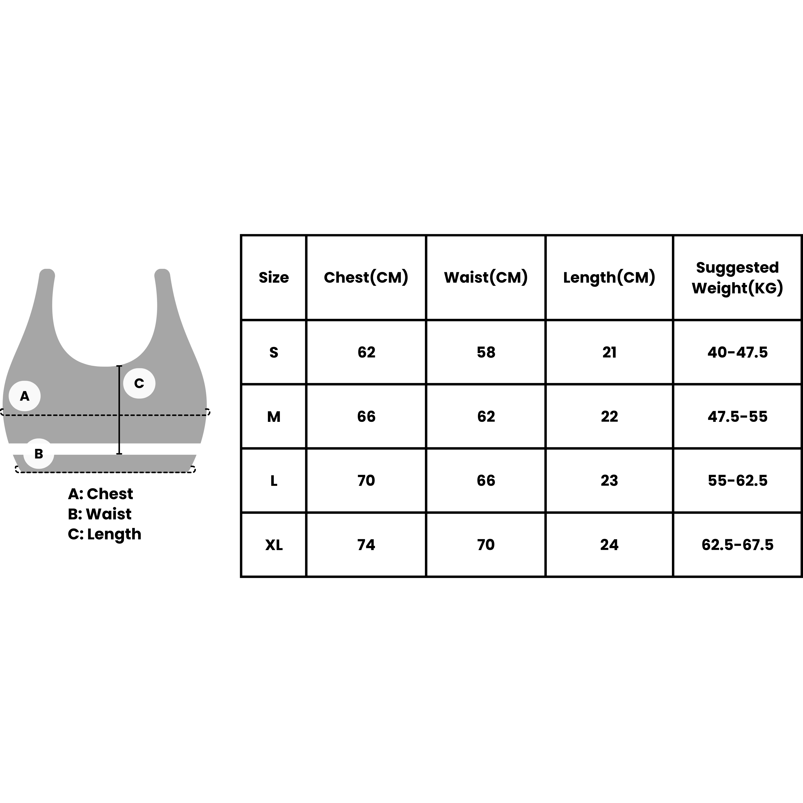 Size chart for VLIZ SculptFlex Cross-Back Sports Bra showing chest, waist, length, and suggested weight for sizes S to XL.