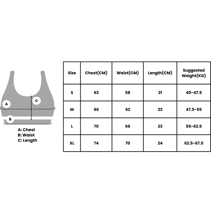 Size chart for VLIZ SculptFlex Cross-Back Sports Bra showing chest, waist, length, and suggested weight for sizes S to XL.