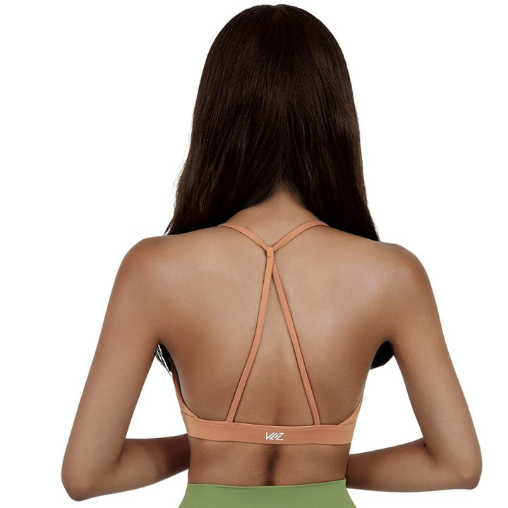 VLIZ SculptFlex Cross-Back Sports Bra in Caramel Orange, featuring a scoop neckline and sleek, supportive fit, ideally for yoga, gym, and lifestyle layering.