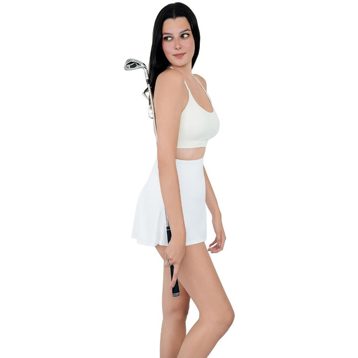 VLIZ SculptFlex Cross-Back Sports Bra in White, featuring a scoop neckline and sleek, supportive fit—ideal for yoga, Pilates, cardio, gym workouts, and everyday active layering.