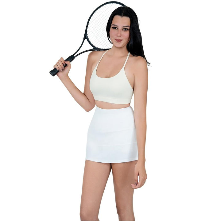 VLIZ SculptFlex Cross-Back Sports Bra in White, featuring a scoop neckline and sleek, supportive fit—ideal for yoga, Pilates, cardio, gym workouts, and everyday active layering.