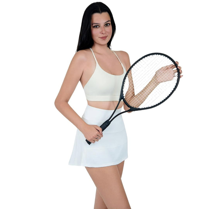 VLIZ SculptFlex Cross-Back Sports Bra in White, featuring a scoop neckline and sleek, supportive fit—ideal for yoga, Pilates, cardio, gym workouts, and everyday active layering.