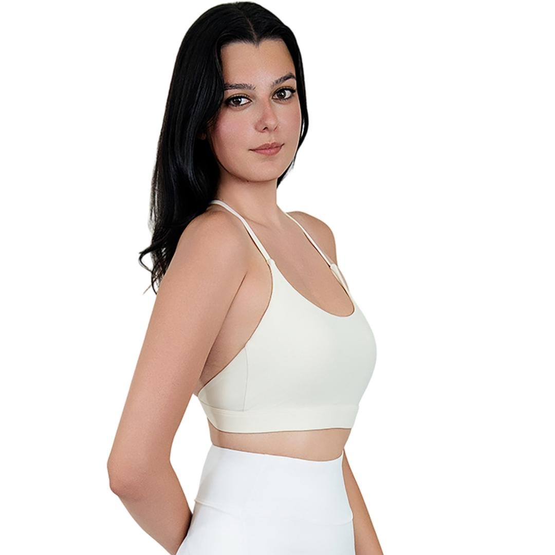 VLIZ SculptFlex Cross-Back Sports Bra in White, featuring a scoop neckline and sleek, supportive fit—ideal for yoga, Pilates, cardio, gym workouts, and everyday active layering.