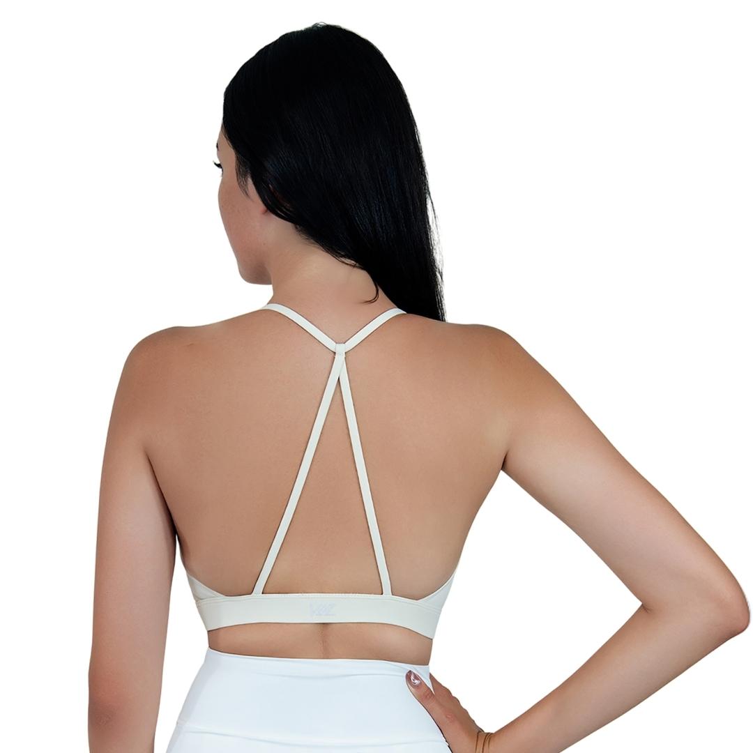 VLIZ SculptFlex Cross-Back Sports Bra in White, featuring a scoop neckline and sleek, supportive fit—ideal for yoga, Pilates, cardio, gym workouts, and everyday active layering.