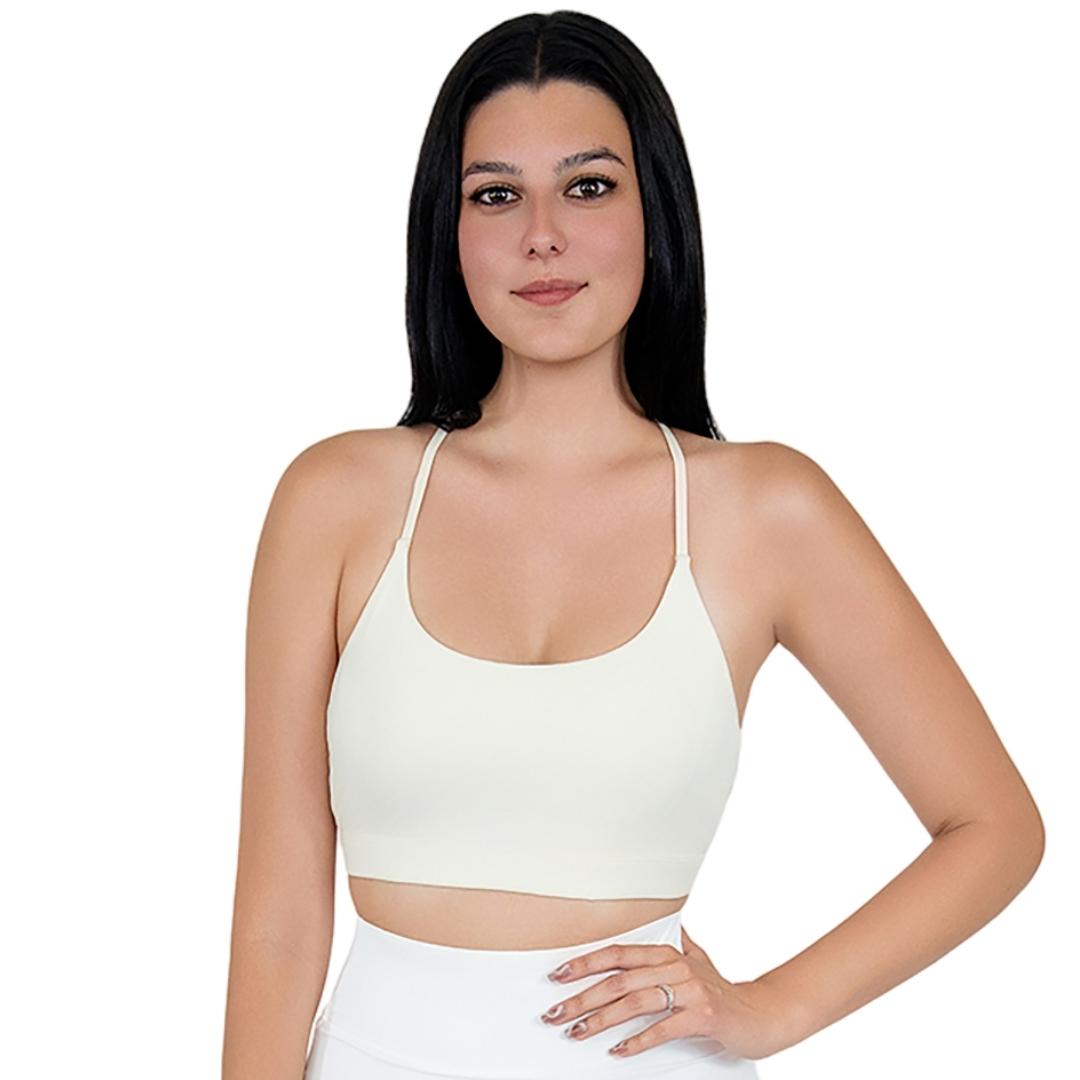 VLIZ SculptFlex Cross-Back Sports Bra in White, featuring a scoop neckline and sleek, supportive fit—ideal for yoga, Pilates, cardio, gym workouts, and everyday active layering.