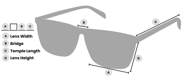 Diagram illustrating sunglasses measurements including lens width (A), bridge width (B), temple length (C), and lens height (D), labeled on a grey silhouette frame.