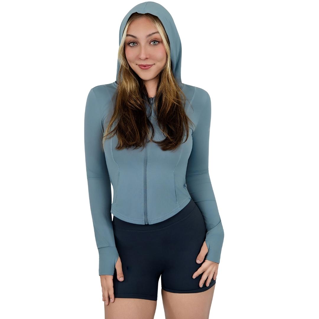 VLIZ Rapid UV Hooded Top in Ash Gray, featuring an ice-cool fabric, UV sun protective hood, full-length front zip, and thumbhole sleeves for enhanced outdoor performance.