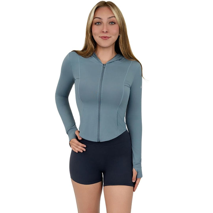 VLIZ Rapid UV Hooded Top in Ash Gray, featuring an ice-cool fabric, UV sun protective hood, full-length front zip, and thumbhole sleeves for enhanced outdoor performance.