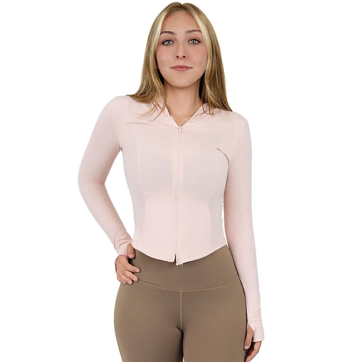 VLIZ Rapid UV Full-Zip Slim Fit Hooded Top in Peach Pink, featuring an ice-touch UV-protective fabric, sleek silhouette, full-length zip, and a sun-shielding hood—ideal for outdoor training, hiking, tennis, and everyday layering.