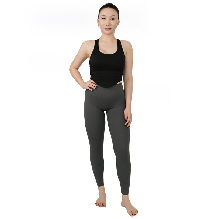 VLIZ Ultra Soft SculptFit Long Leggings in gray shown from the front angle, featuring a full-body view with a high-rise fit and sleek silhouette