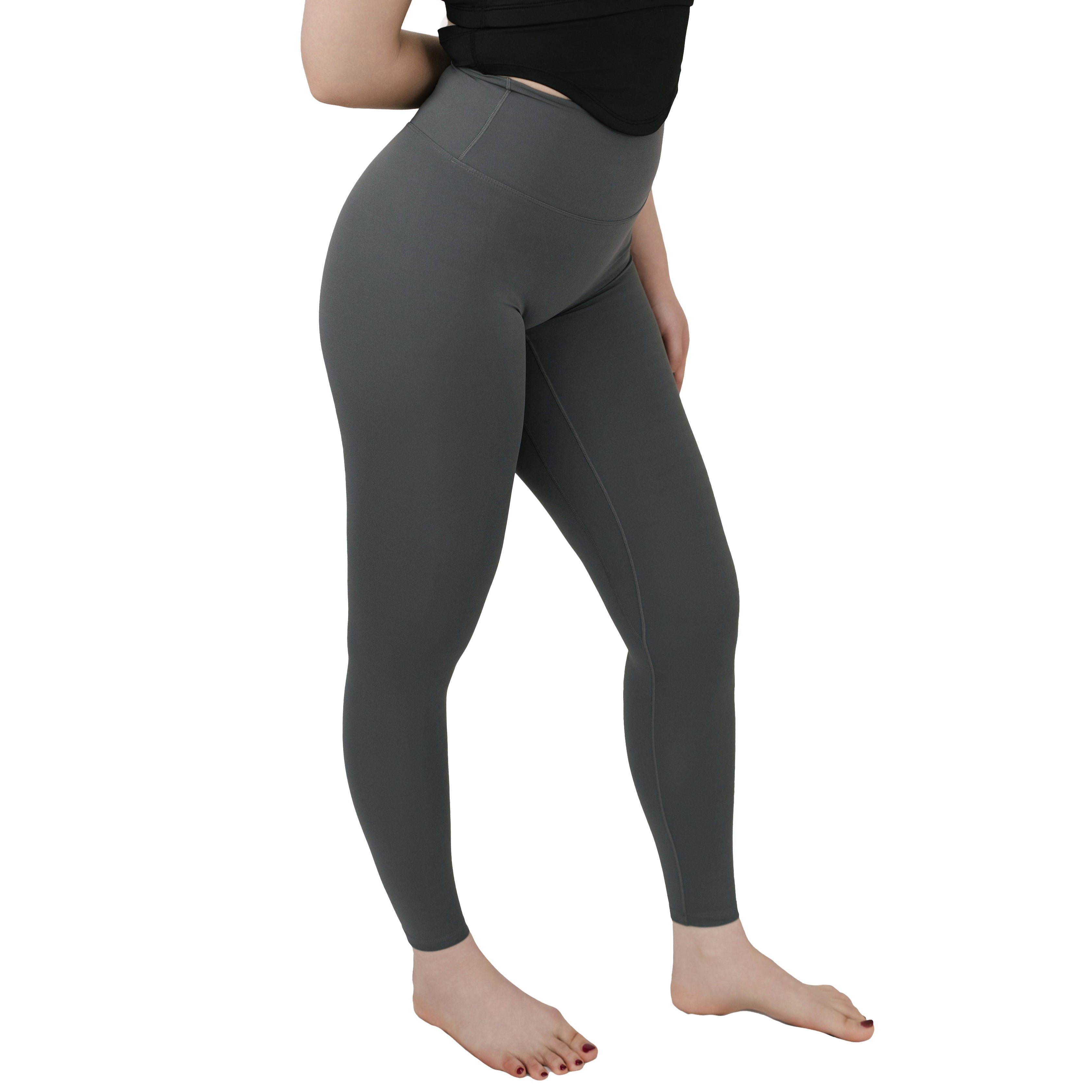 VLIZ Ultra Soft SculptFit Long Leggings in gray shown from the side angle, emphasizing the sleek fit and high-rise waistband
