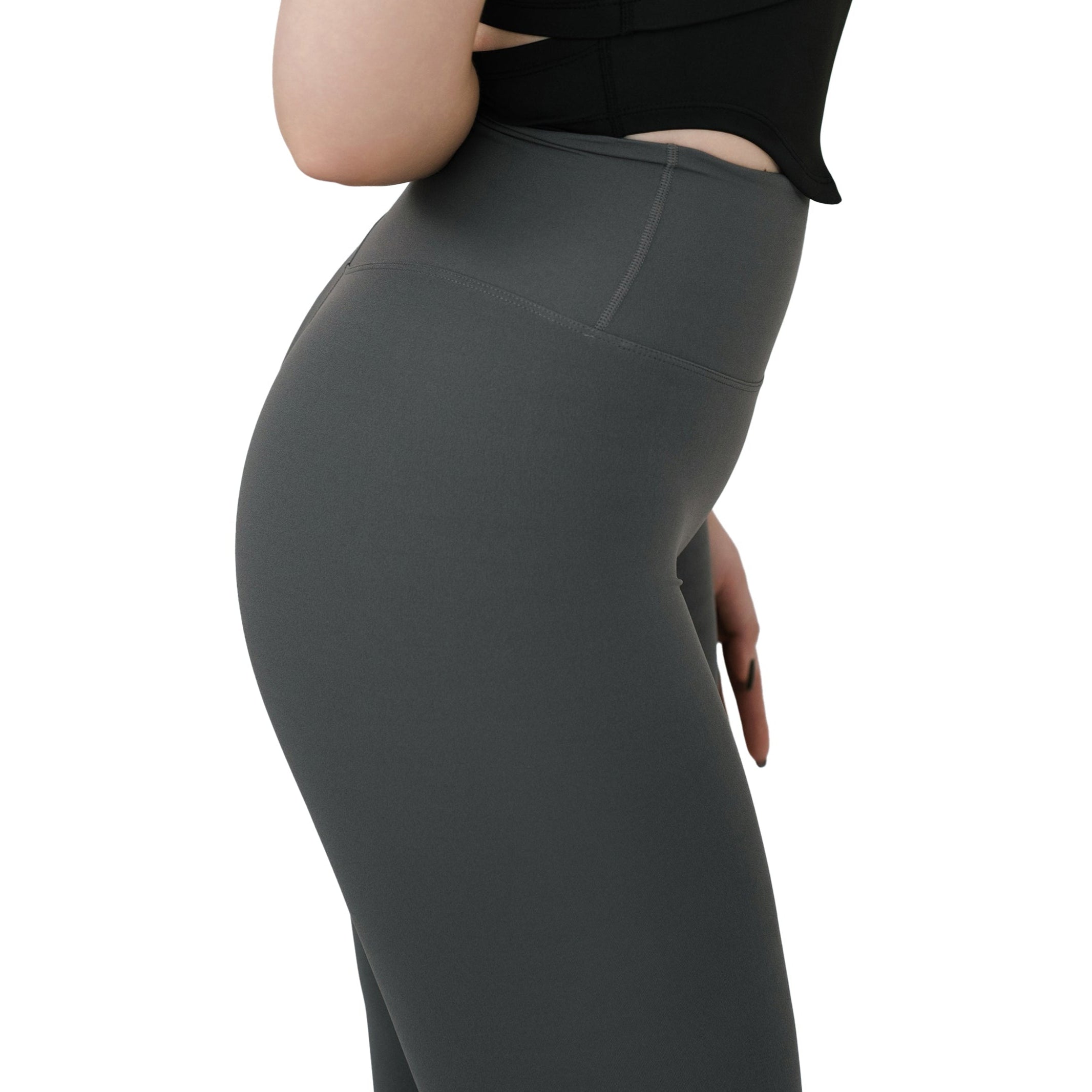 Side view of VLIZ Ultra Soft SculptFit Long Leggings in gray, showcasing the high-waisted fit and smooth contouring design