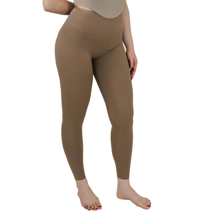 Front angle view of the VLIZ Ultra Soft SculptFit Long Leggings in khaki, highlighting the high-rise waistband and full-length leg fit for a sleek and supportive silhouette.